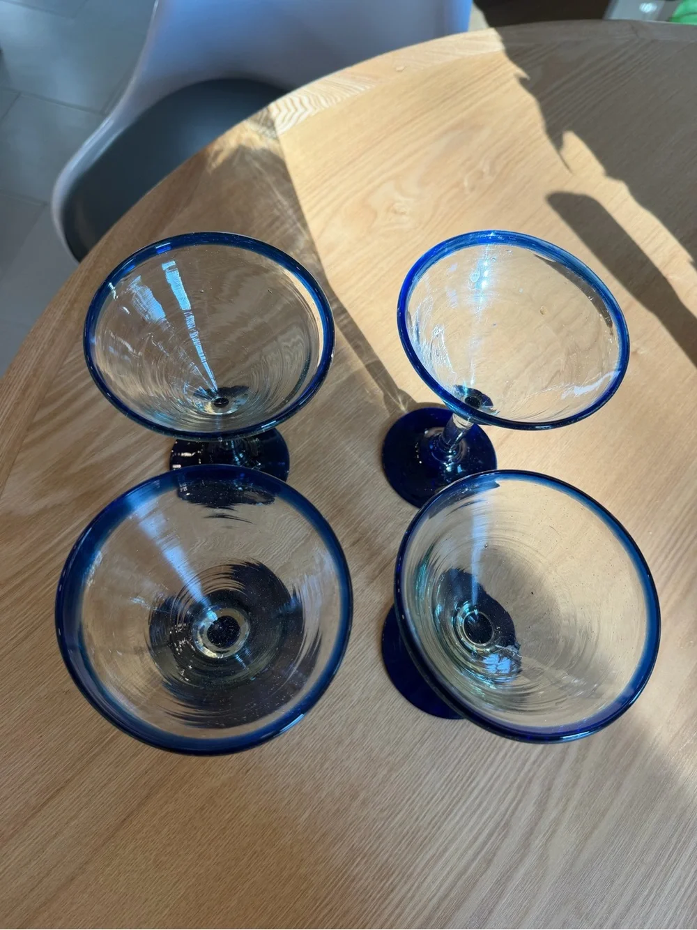 Vintage Mexican Hand Blown Margarita/Martini Glasses with Cobalt Blue Rim & Base
